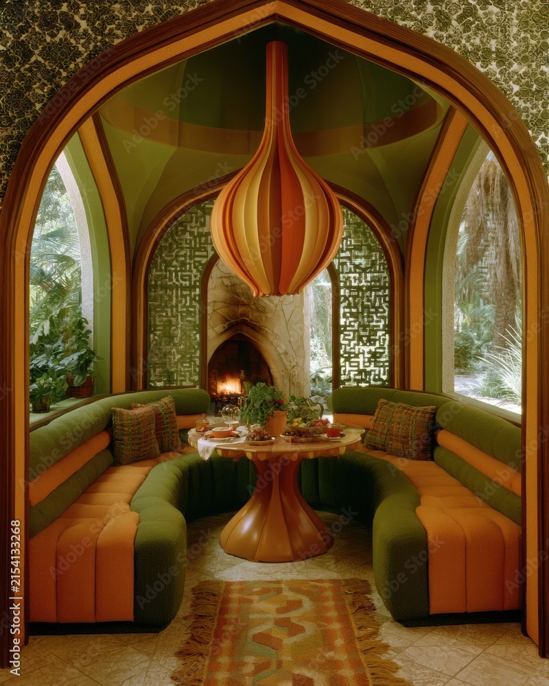 Fototapeta premium A welcoming space features retro patterns and a round table surrounded by curved seating. Its colors evoke a vintage vibe in a sunny room.