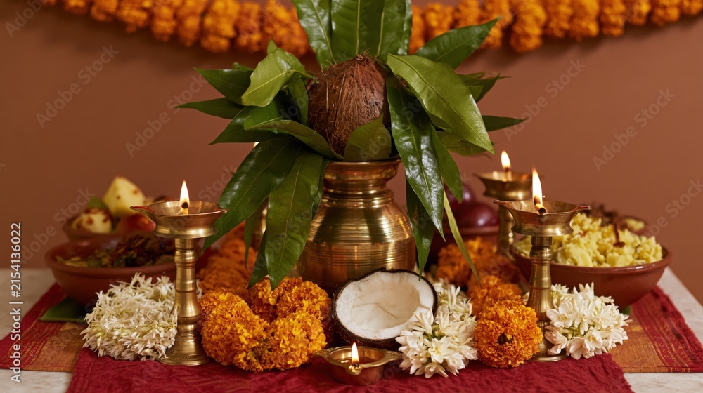 Obraz premium The Kalash Pooja Centerpiece with Coconut, Leaves, and Vibrant Marigold Flowers