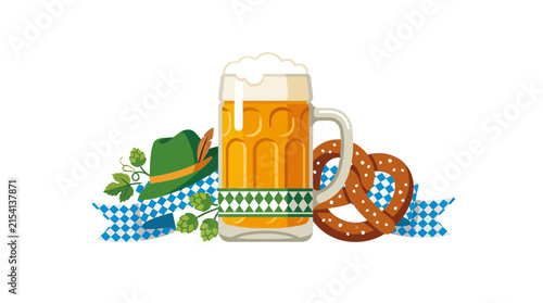 Oktoberfest Beer Mug with Pretzel and Bavarian Hat Illustration