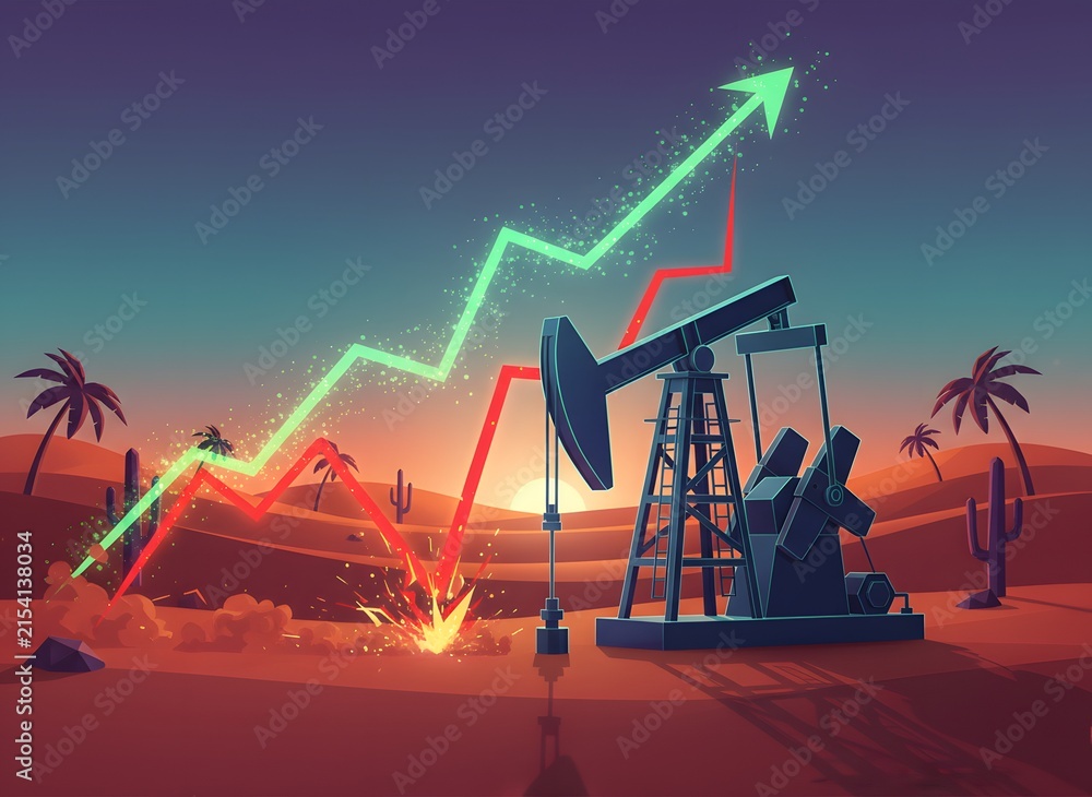 Fototapeta premium Oil pumpjack in the desert with rising financial market growth chart