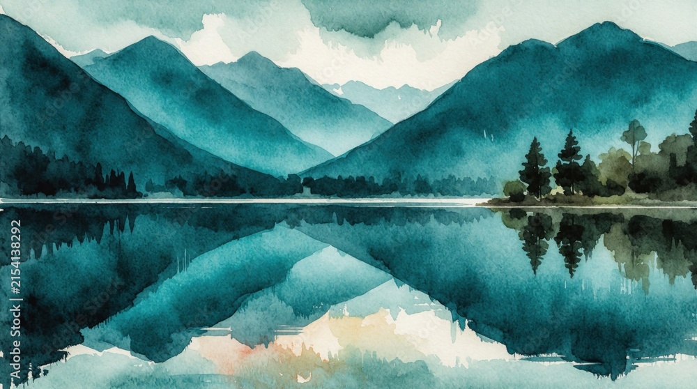 Fototapeta premium Abstract watercolor painting shows teal mountains, calm lake. Blue hills reflect in still water with misty clouds. Peaceful nature landscape features forest trees, scenic mountain views. Serene
