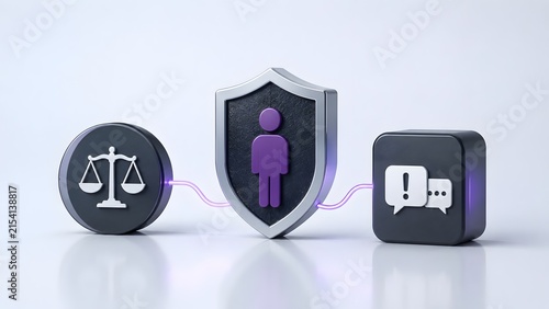 Consumer rights privacy policy concept with 3D justice scales protection shield and feedback icons