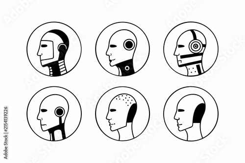 Stylized robot head icons set showing various mechanical character facial designs in sharp black and white vector graphic art style