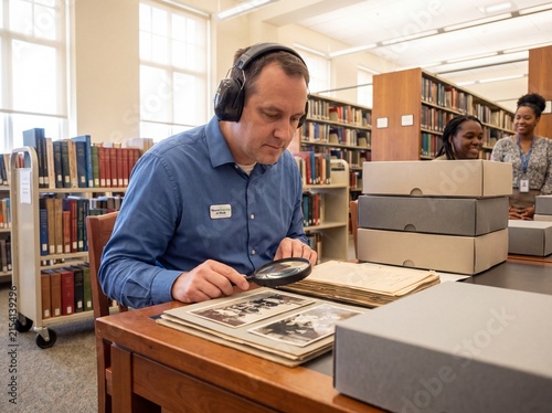 Man in headphones examines old photos and documents with a magnifying glass in a library archive with colleagues nearby.