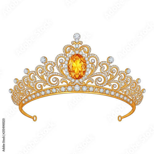 Golden royal crown with large amber gemstone and diamonds isolated on transparent background for luxury illustration