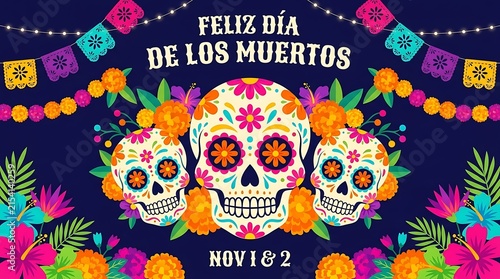 Dia de los muertos background with sugar skulls and floral ornaments celebration background