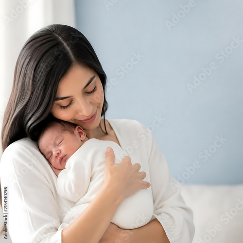 Loving mother holding her sleeping newborn close to her chest, soft cream and pale blue background, gentle natural lighting, delicate peaceful mood, authentic maternal affection, clean and pure visual