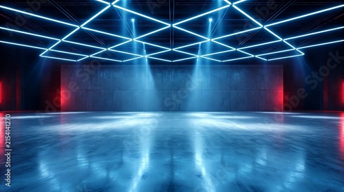 Empty industrial warehouse interior with concrete floor, blue neon geometric ceiling lights and red accent lighting on the walls, futuristic stage background for product display