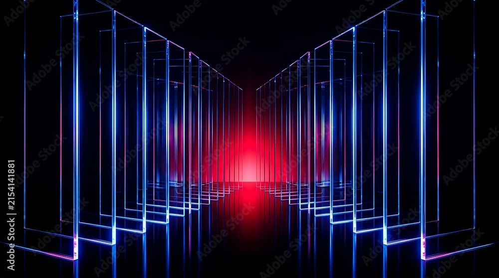 Obraz premium Abstract futuristic corridor with glowing blue neon light frames and red light at the end, digital technology background, 3d render