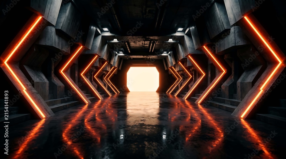 Obraz premium Futuristic scifi corridor with glowing orange neon lights and dark concrete walls, leading to a bright light at the end of a tunnel, 3d rendered interior