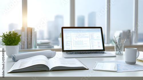 Enterprise technology workspace with data lineage documents and digital catalog on tablet, wide angle perspective, morning window light, no people