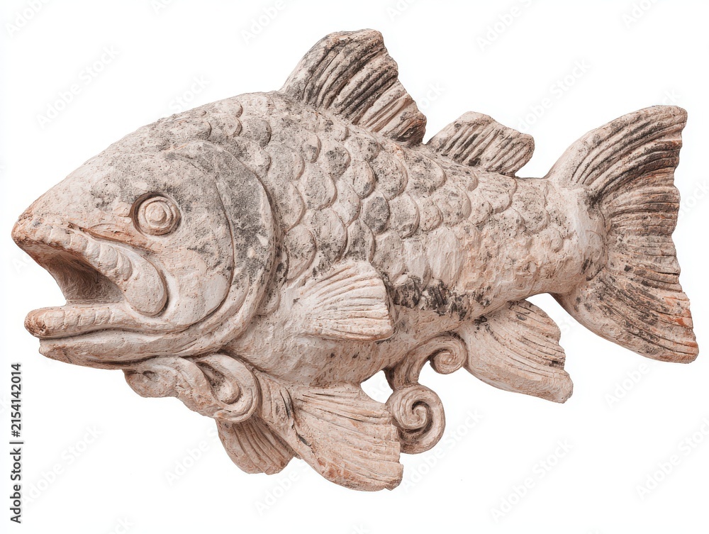 Obraz premium Stone Carving Of A Fish Sculpture Isolated On White Background With Textured Detail