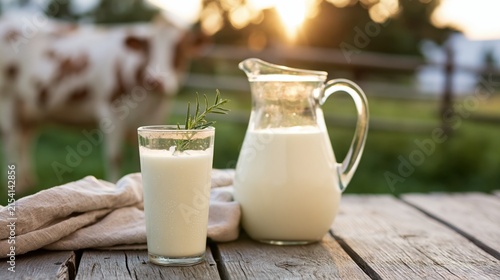The Milk on Rustic Wooden Table at Sunrise with Glass and Jug