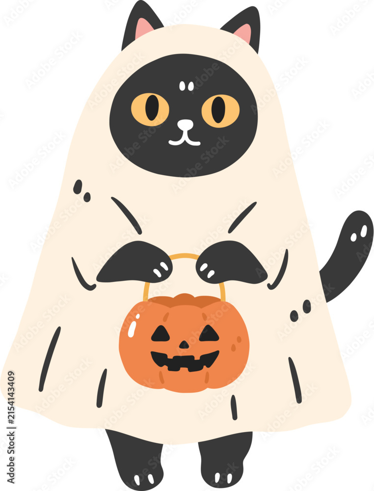 Obraz premium Ghost cat black cat halloween costume pumpkin bucket cartoon style cute animal spooky theme white robe masked face trick or treat