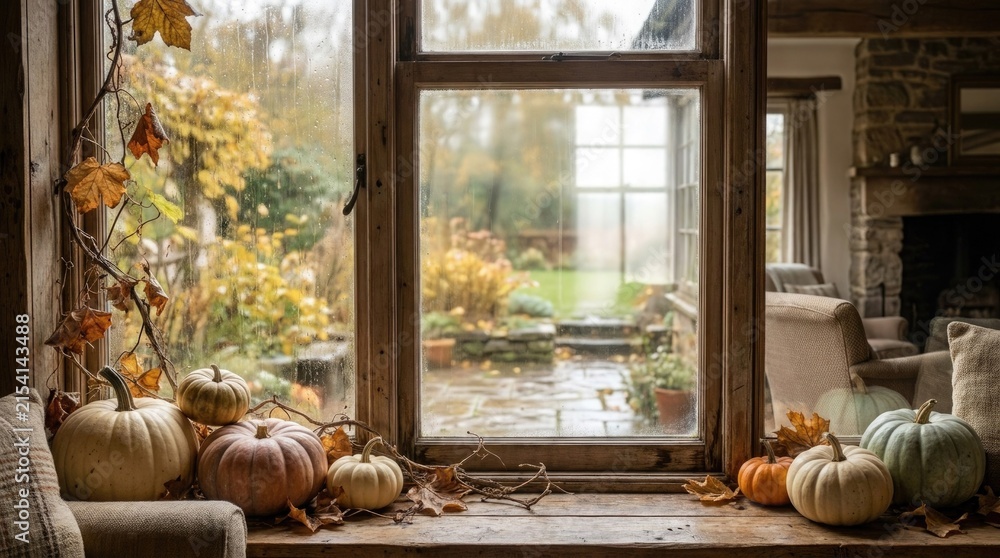 Fototapeta premium Cozy autumn scene looking through a window with pumpkins and fall foliage
