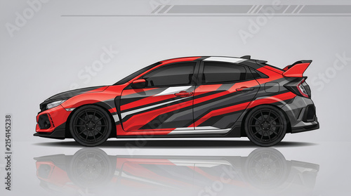 Modern Racing Car Livery Vector Design with Red and Black Stripes Sport Hatchback Wrap Design Vector Template for Vehicle Graphics Geometric Sports Car Vinyl Wrap Vector Graphic Concept