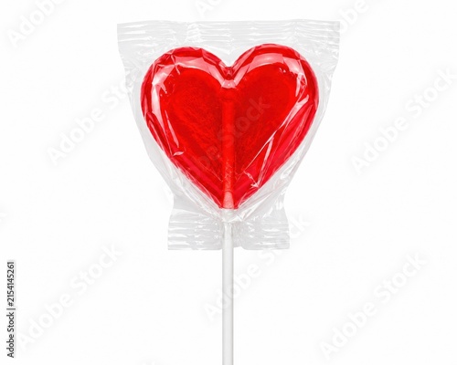Red heart shaped lollipop candy wrapped in clear plastic on a stick