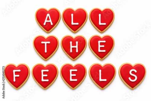 All The Feels text written on red pixel heart shapes