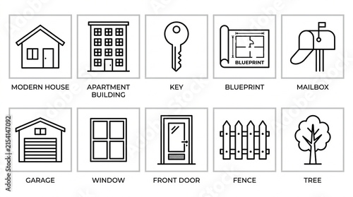Set of ten linear icons representing residential housing and real estate property features.