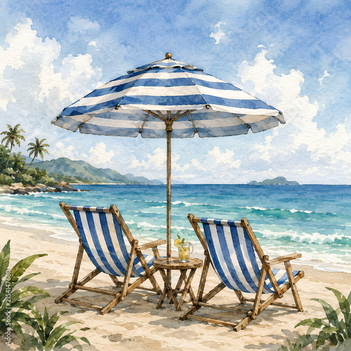 Watercolor Beach Chairs and Striped Umbrella by the Tropical Sea