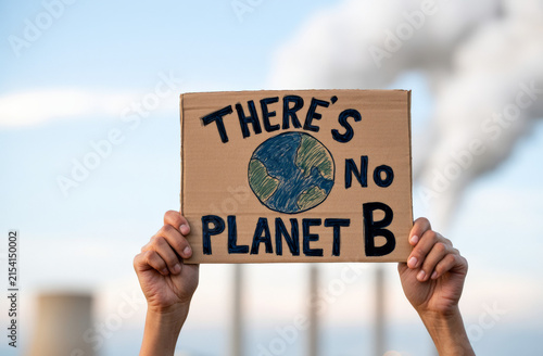 Hands raise a cardboard No Planet B sign against a smoky sky, climate protest, environmental activism, global awareness, public message.