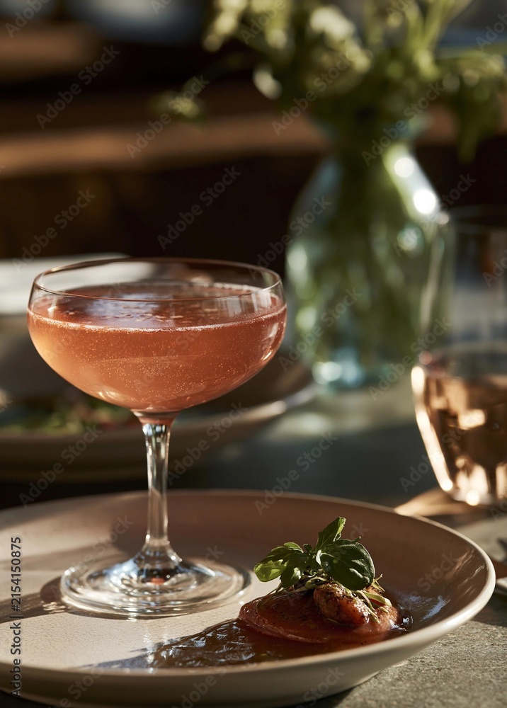 Naklejka premium Glass of a pink cocktail on a table. the glass is tall and slender with a wide base and a narrow stem. it is filled with a pinkish-red liquid, which appears to be a cocktail.
