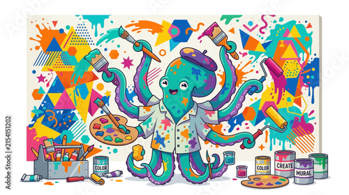 Cartoon Octopus Artist Painting a Colorful Abstract Mural