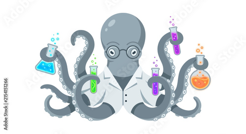 Cartoon Octopus Scientist with Laboratory Glassware
