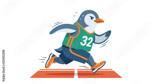 Cartoon Penguin Athlete Running on Track