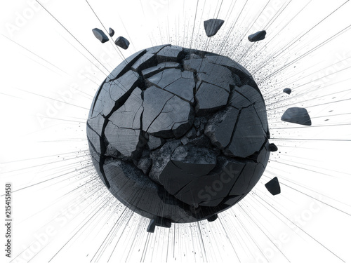 Exploding dark stone sphere shattering into fragments isolated on transparent background for dramatic effects