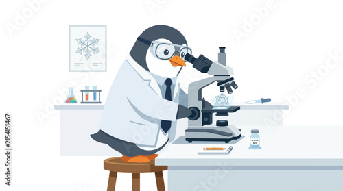 Cartoon Penguin Scientist Working with Microscope