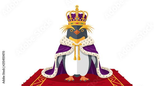 Cartoon penguin king wearing a regal crown and purple cloak