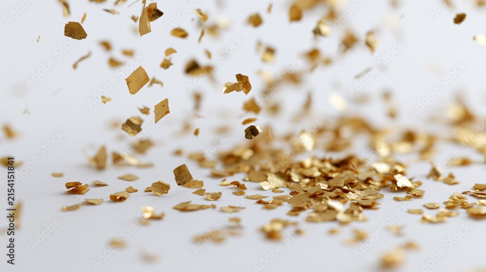Fototapeta premium The Golden Confetti in Flight Over a Bright White Studio Scene
