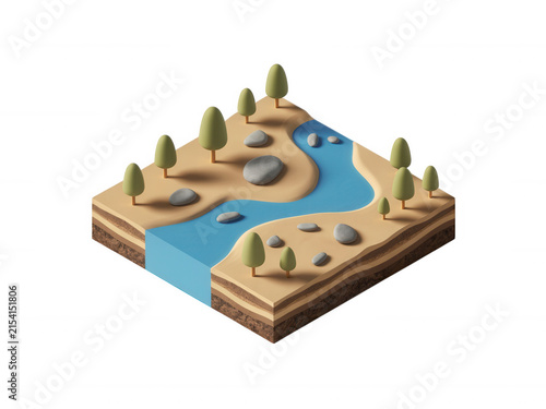 Isometric 3d landscape section with a winding river and trees isolated on transparent background for game design