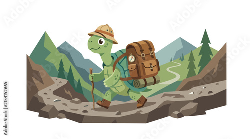 Cartoon turtle hiker with backpack on mountain trail