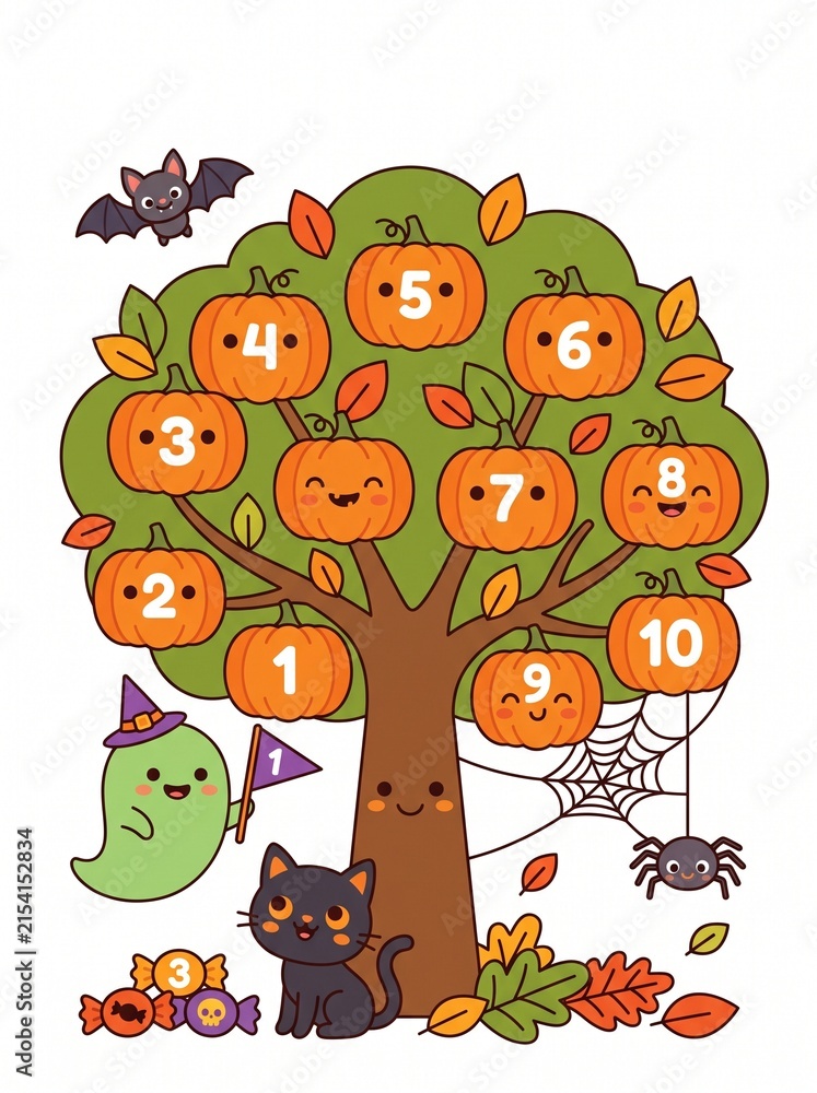 Fototapeta premium Cute halloween pumpkin tree counting activity illustration, kawaii ghost black cat spider and numbered pumpkins vector art, and autumn educational worksheet. Flat and modern vector design.