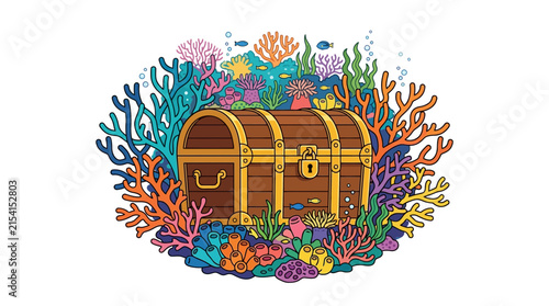 Cartoon treasure chest illustration in a vibrant coral reef