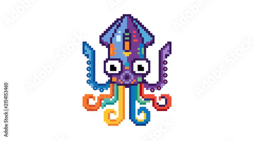 Colorful Pixel Art Squid Isolated on White Background
