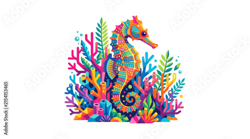 Colorful Patterned Seahorse and Coral Reef Illustration