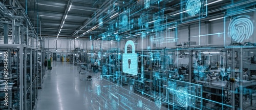 Factory security digital lock and fingerprint overlay with manufacturing floor