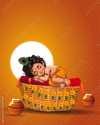 Indian festival of happy shree Krishna janmashtami with sleeping lord krishna , vector illustration design.