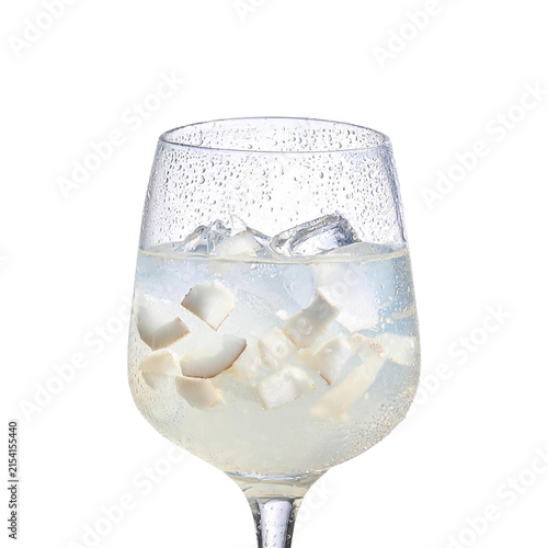 Cold drink with condensation on glass filled with ice and coconut pieces isolated on transparent background png