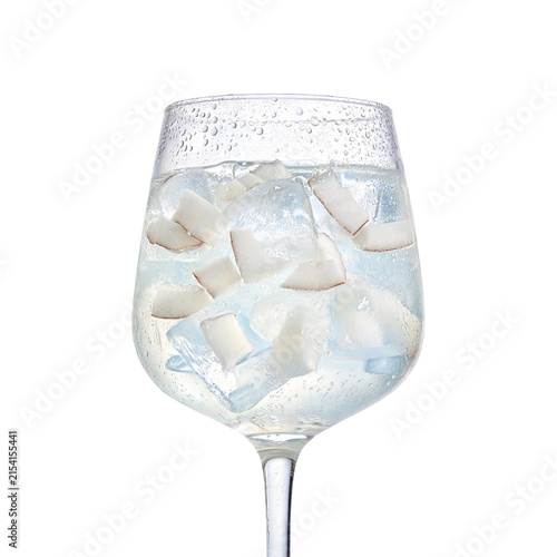 Cold drink with condensation on glass filled with ice and coconut pieces refreshing png