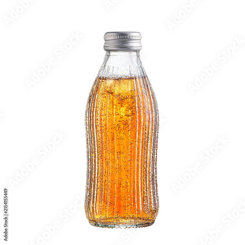 Cold drink with condensation on glass bottle filled with refreshing orange beverage in png format