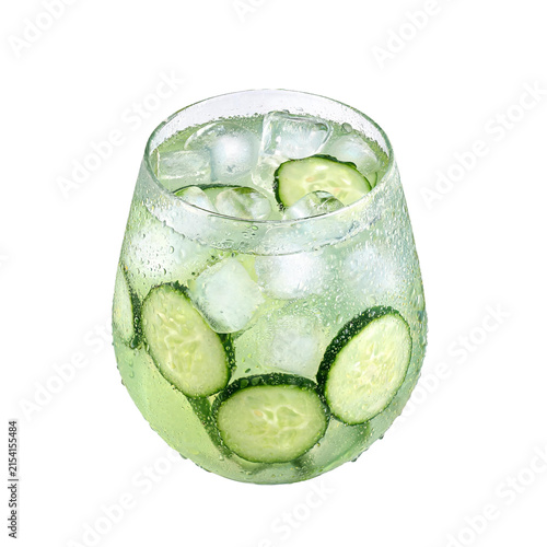 Cold drink with cucumber slices and ice cubes showing condensation on glass png isolated on transparency background