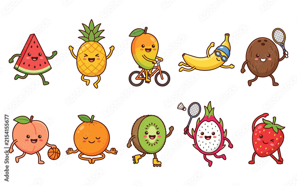 Obraz premium Kawaii fruit characters set, 10 cute cartoon fruits doing sports and fitness activities, healthy lifestyle stickers for kids