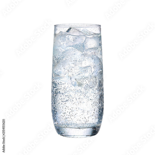 Cold drink with condensation on glass filled with ice cubes and sparkling water in png format