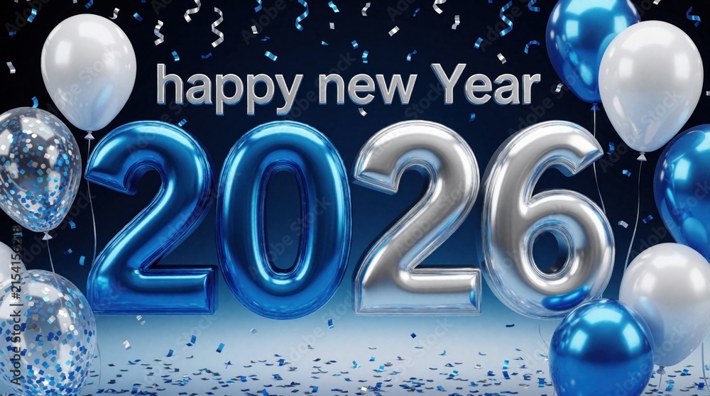 Obraz premium Metallic blue and silver balloons with confetti celebrate New Year 2026. Festive decoration with shiny numbers and text happy new Year. Party background with glossy balloons.
