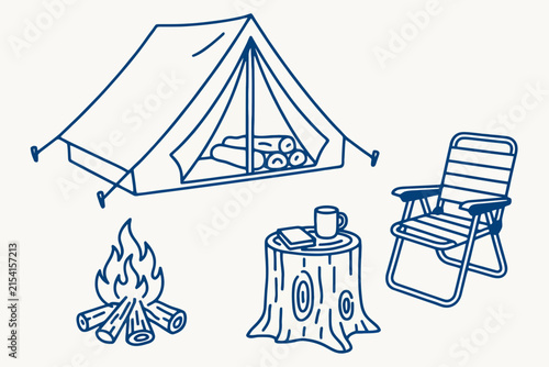 Camping Setup With Tent Fire Pit And Folding Chair