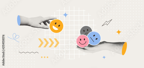 Hand Selecting Happy Emoji Choosing Positive Mood Over Negative Feedback Options Rating Customer Satisfaction Survey Analytics Retro Halftone Collage Vector Illustration
